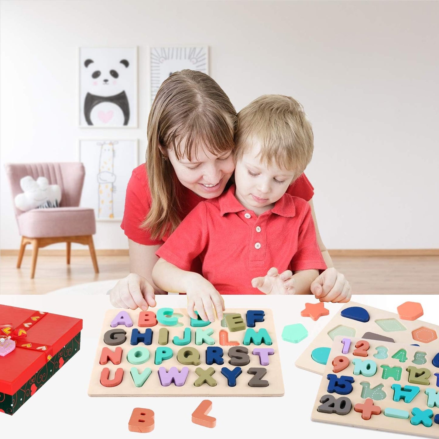 Wooden Puzzles for Toddlers, Voamuw Wooden Alphabet Number Shape Puzzle Toddler Education Learning