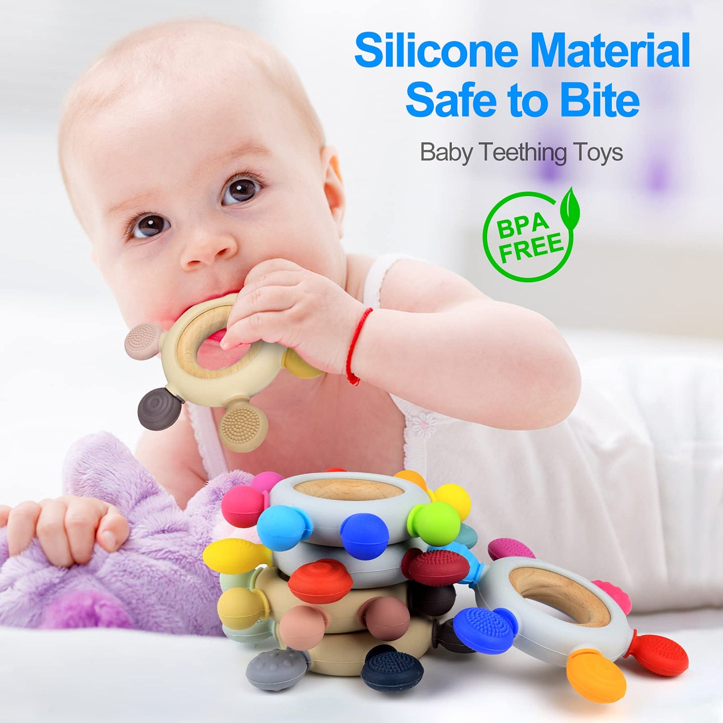Arudyo Baby Teething Toys Silicone Teethers BPA Free Silicone Rudder with Wooden Ring Soothe Babies