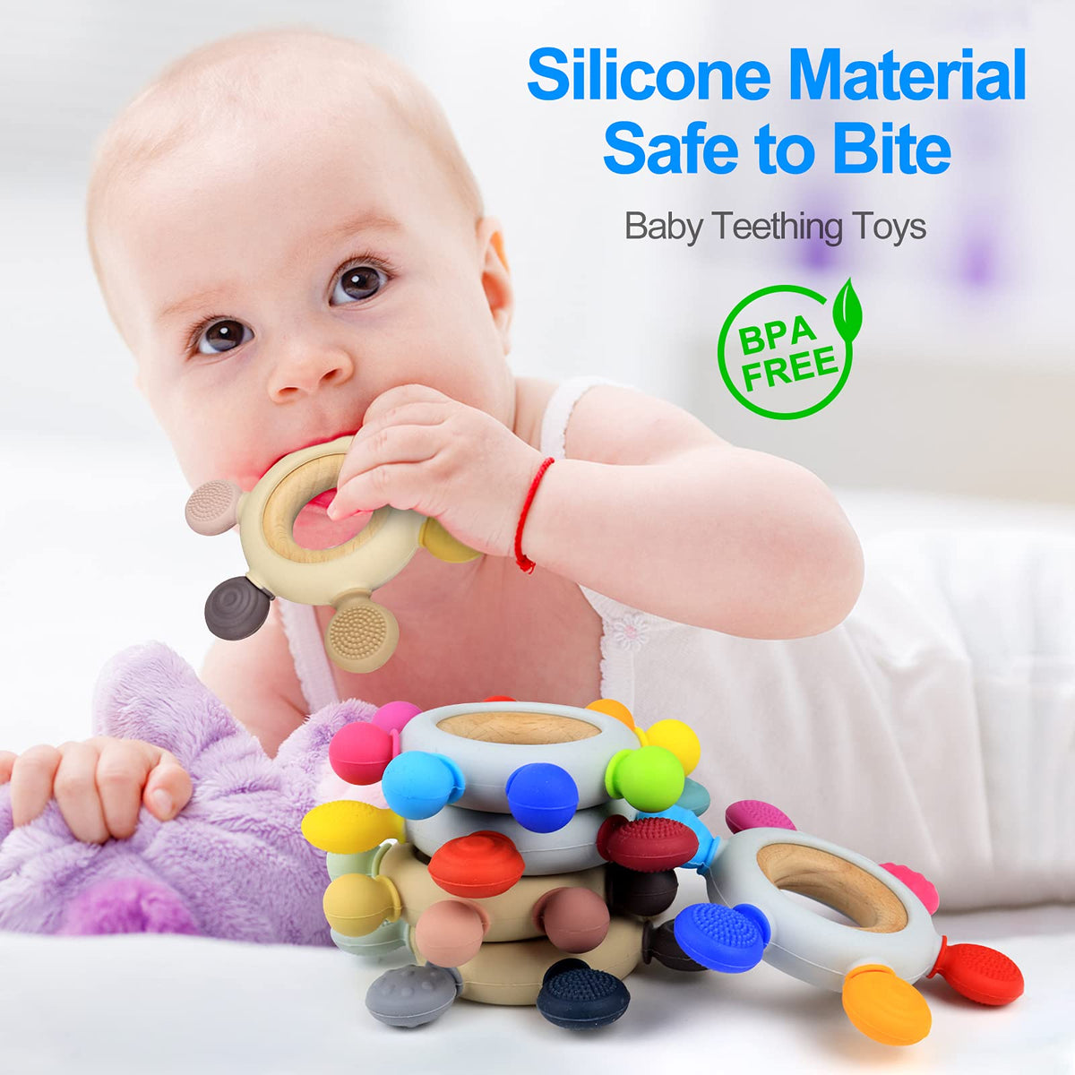 Arudyo Baby Teething Toys Silicone Teethers BPA Free Silicone Rudder with Wooden Ring Soothe Babies