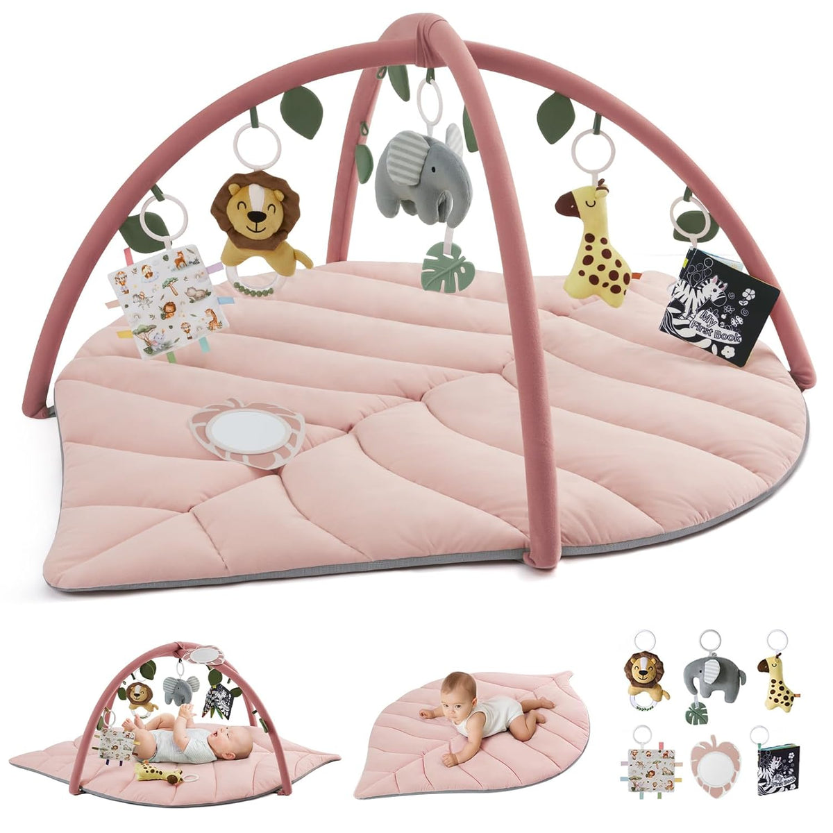 Blissful Diary Baby Play Gym & Activity Mat, Oversize Leaf Shaped Tummy Time Baby Play Mat w 6