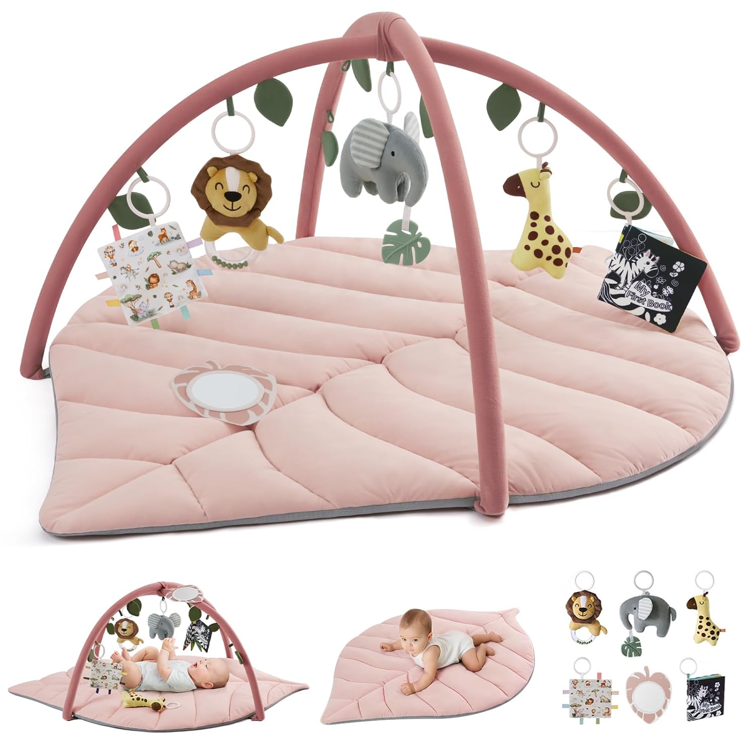 Blissful Diary Baby Play Gym & Activity Mat, Oversize Leaf Shaped Tummy Time Baby Play Mat w 6