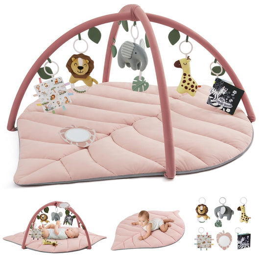 Blissful Diary Baby Play Gym & Activity Mat, Oversize Leaf Shaped Tummy Time Baby Play Mat w 6