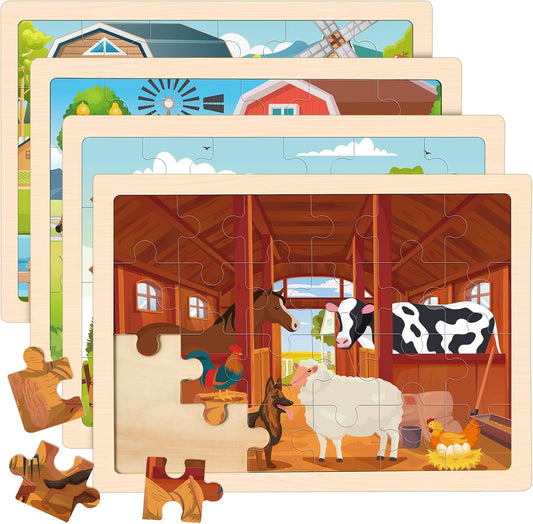 4-in-1 Farm Wooden Puzzles for Kids Ages 4-6, 24 PCS Wooden Jigsaw Puzzles for Toddlers Ages 2-4