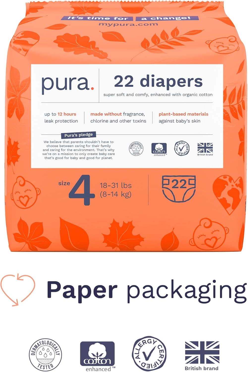 Pura Size 4 Diapers, 66 Count, Unisex, Organic Cotton, Leak-Free, Plant-Based, Dermatologically