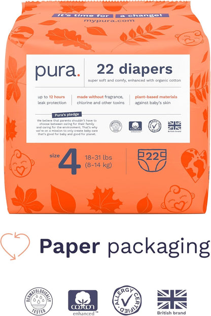 Pura Size 4 Diapers, 66 Count, Unisex, Organic Cotton, Leak-Free, Plant-Based, Dermatologically