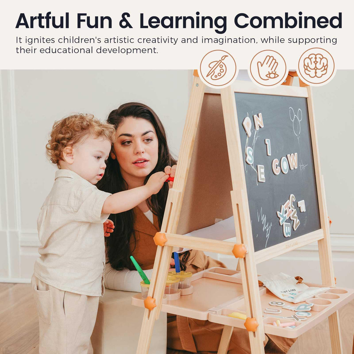 Tiny Land Foldable Wooden Art Easel for Kids, with Chalkboard & Whiteboard