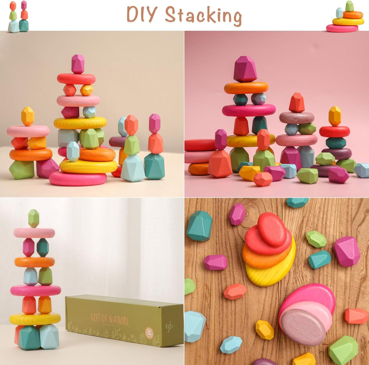 OESSUF Stacking Rocks 26Pcs Stacking Blocks Balancing Stones Wooden Building Toys Wood Stone