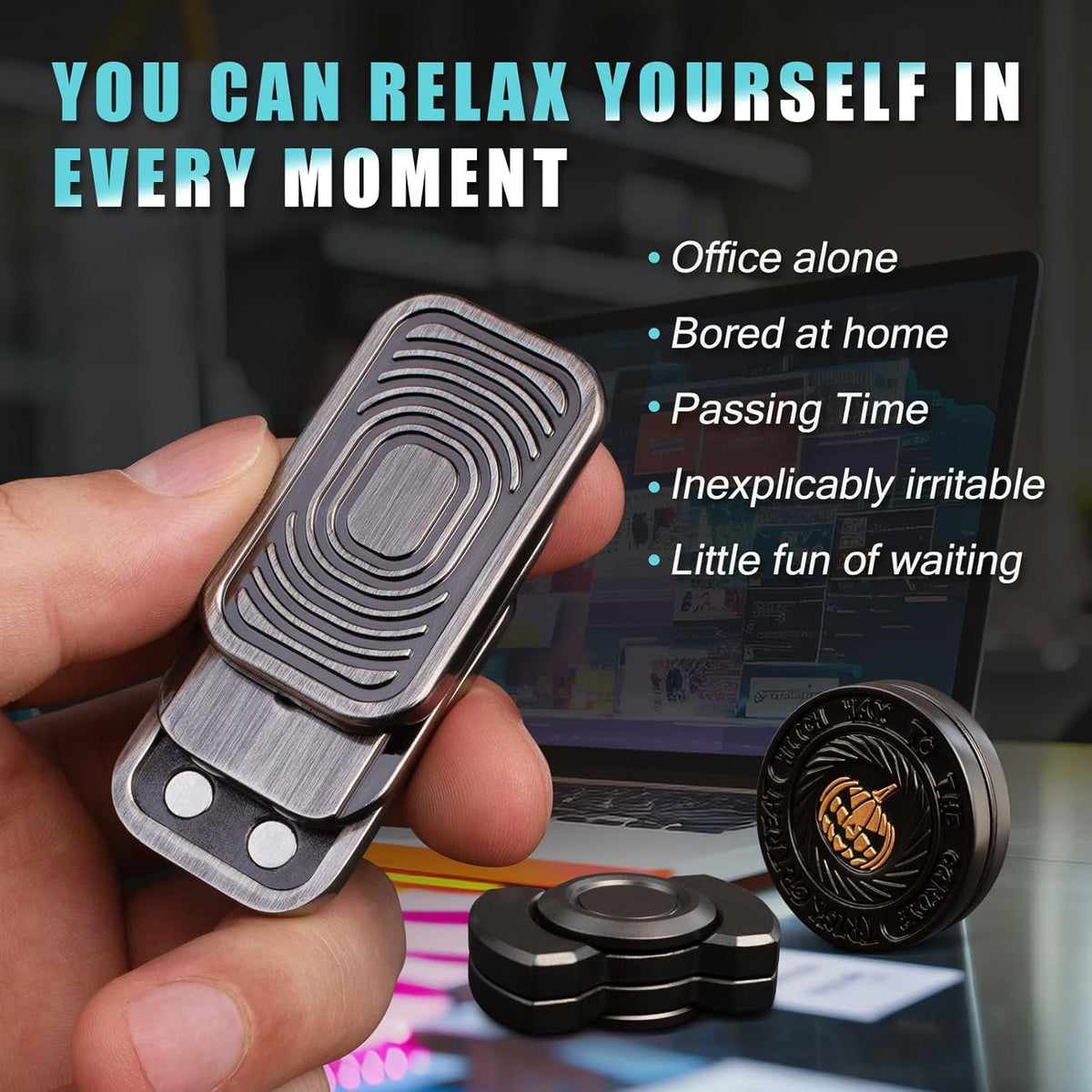 Fidget Toys Adults Pack, Metal Fidget Slider, Spinner and Haptic Coin, Decompression Metal EDC Cool