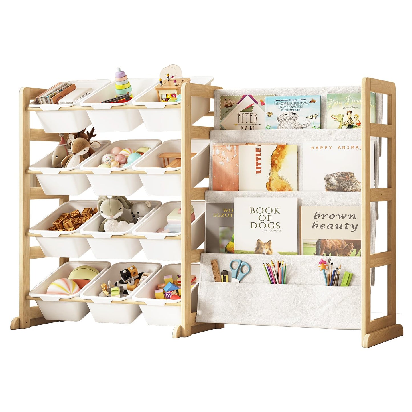 EXPERLAM Toy Storage Organizer with Bookshelf, Kids Toy Organizer and Storage Shelf with 12 White
