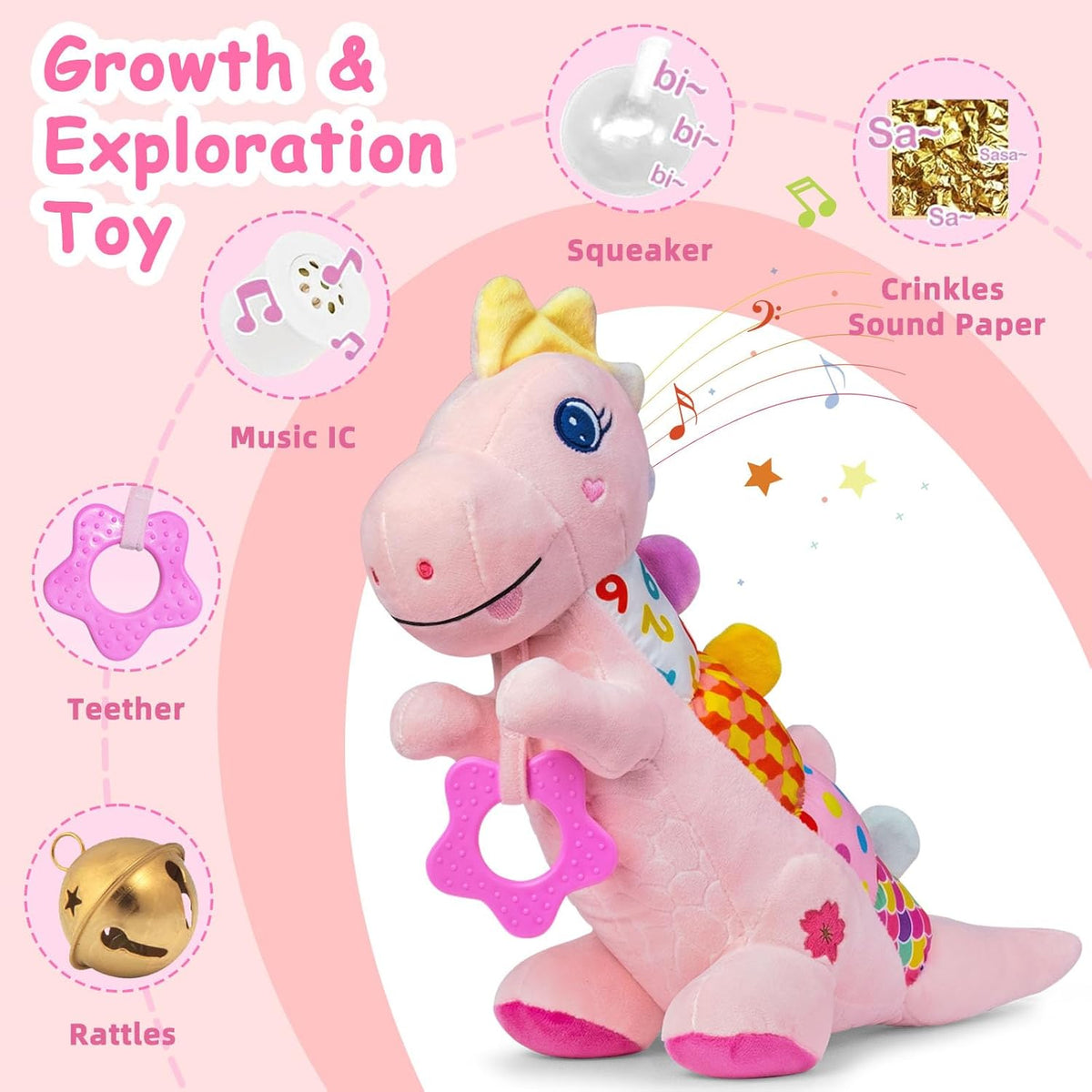 Baby Dino Plush Soft Stuffed Animal Toy for 0-3-6-12+ Months,Infant Musical Toy with