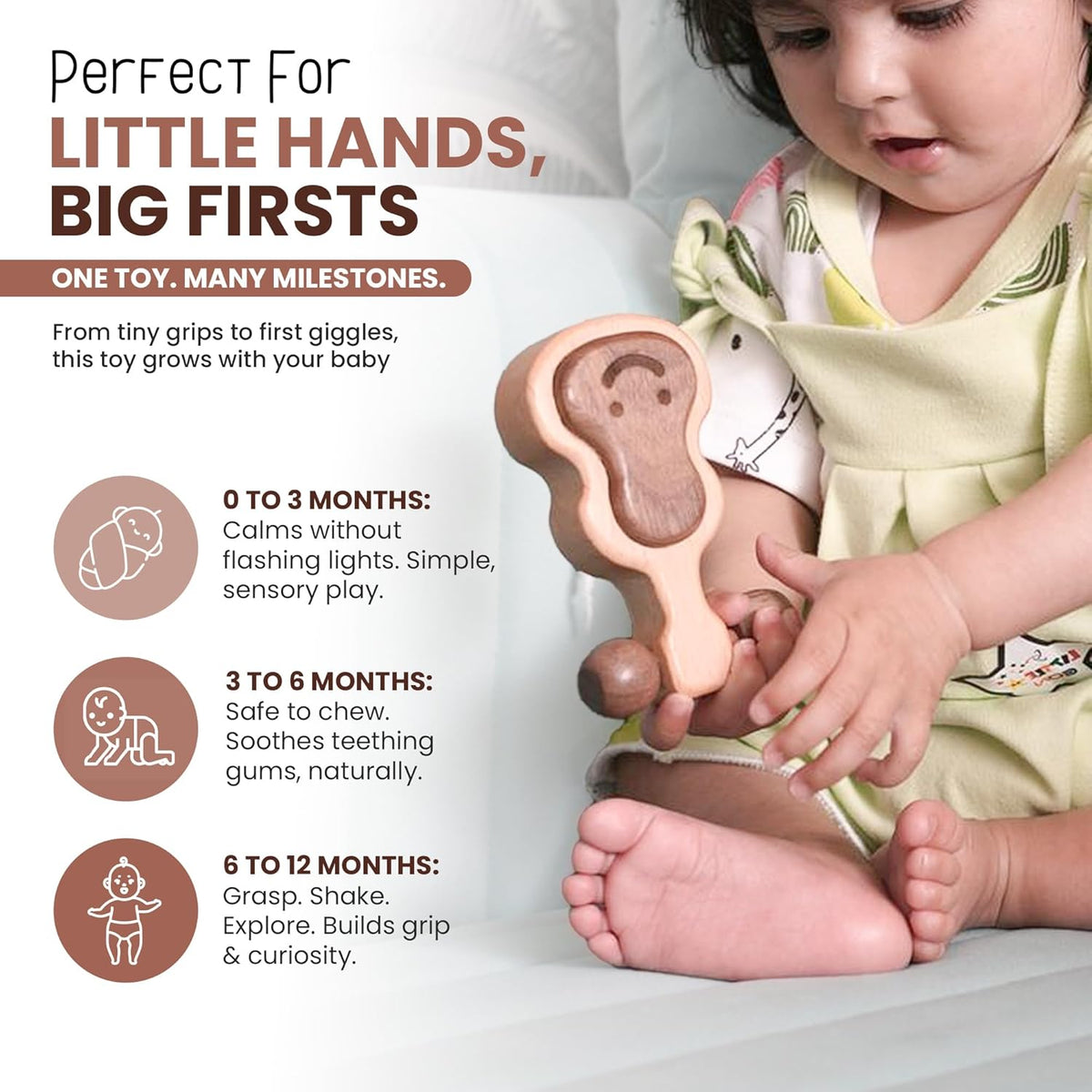 Wooden Teething Toys for Baby 0-6 Months – Organic Natural Non-Toxic Handmade Teether with Beads &