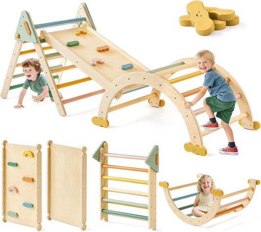 Tiny Land Pikler Triangle Set,7-in-1 Foldable Montessori Toddler Climbing Toys Indoor, Wooden