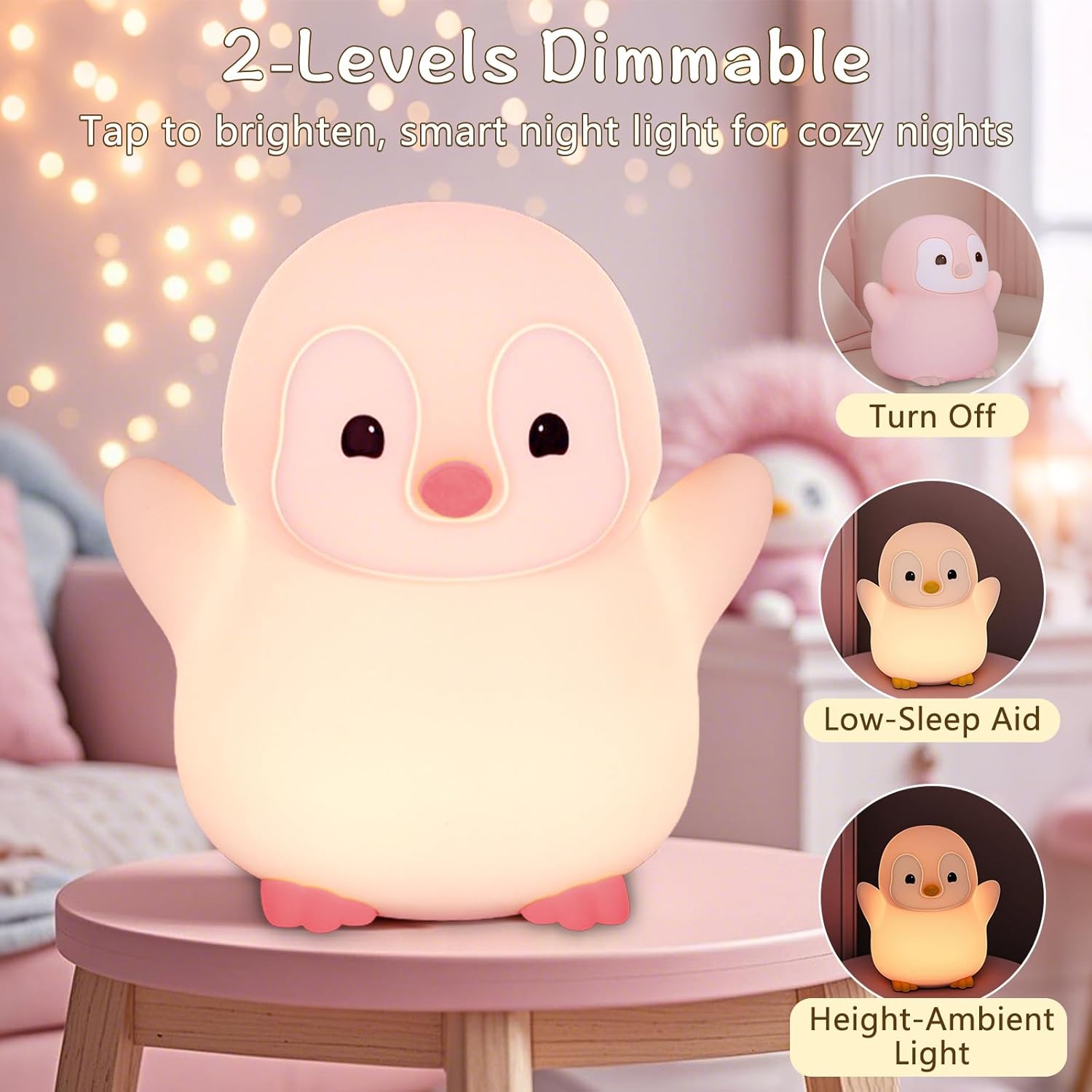 Pink Penguin Night Light,Food Grade Soft Silicone Nursery Nightlight for Baby,LED Squishy Novelty