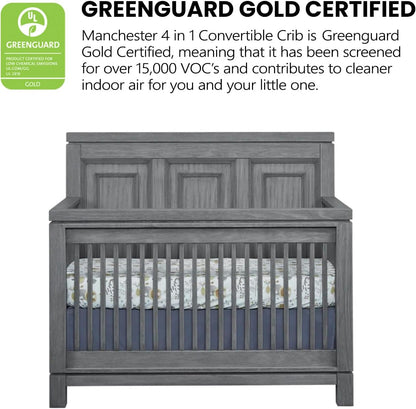 Soho Baby Manchester Premium 4-in-1 Convertible Crib, Flat-Top Headboard, Rustic Gray, GreenGuard