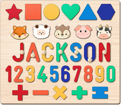 Personalized Name Puzzle for Toddlers 1-3 Wooden Alphabet Shape Number Blocks Personalized Baby