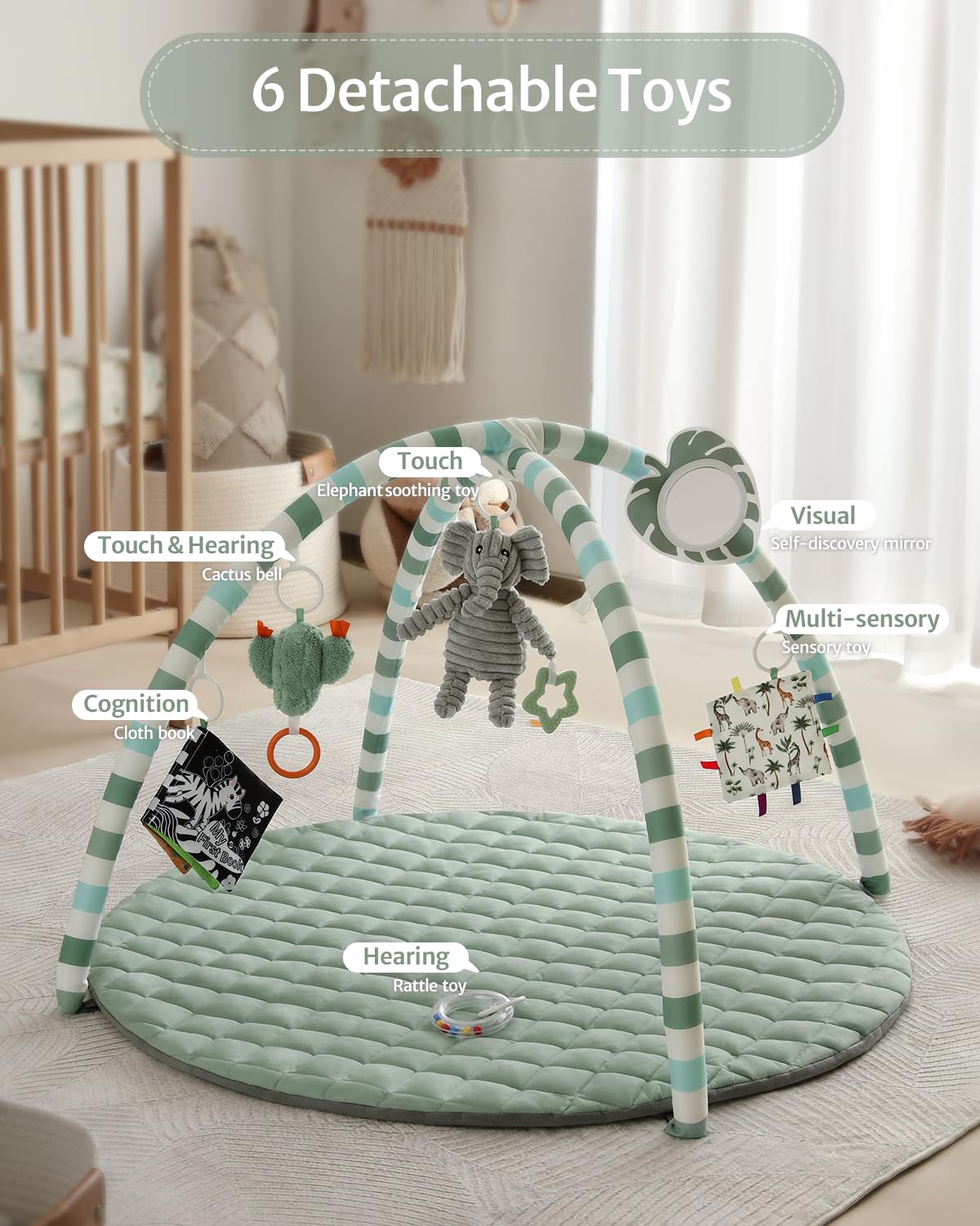 Blissful Diary Baby Play Gym Mat, Tummy Time Mat with 6 Detachable Toys for Stage-Based Sensory &