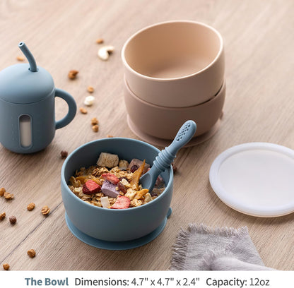 SAMiGO Silicone Baby Bowl and Spoon Set with Suction and Lid, First Stage Self Feeding Essentials