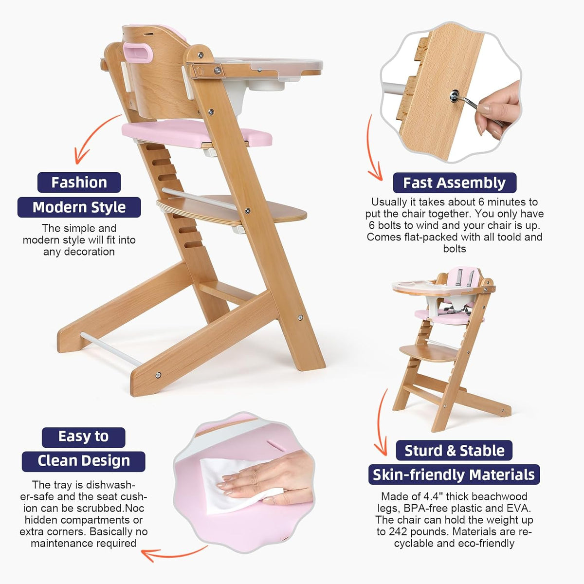 Cowiewie Natural Wooden High Chair for Babies & Toddlers 3-Tier Remove Adjustable Tray and