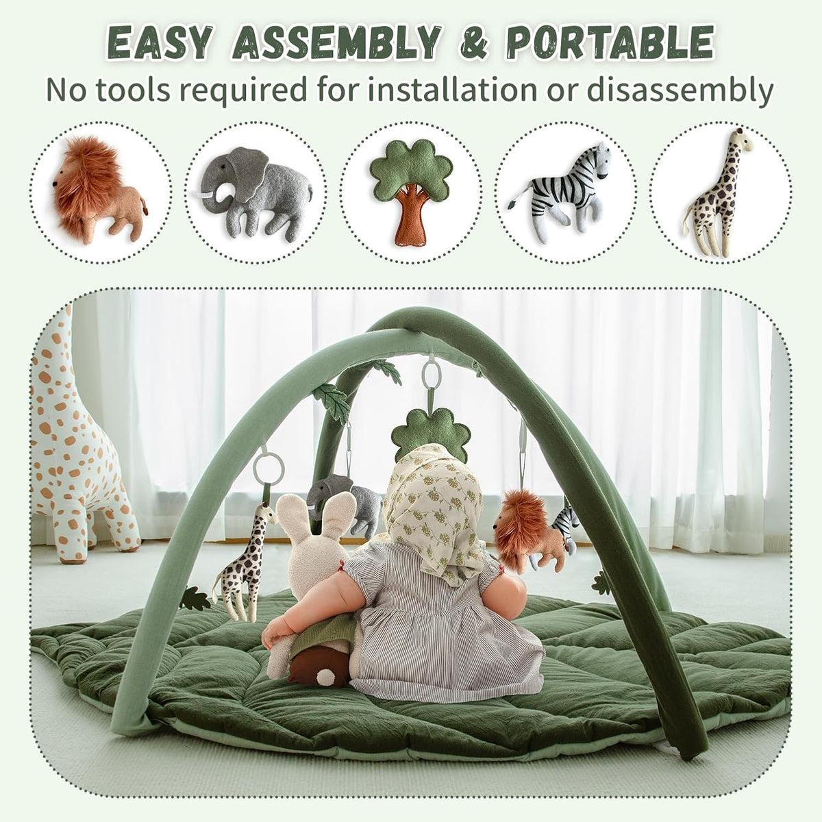 Baby Play Gym with Mat Leaf Shaped, Baby Play Mat with 6 Hanging Toys Tummy Time Mat, Baby Gym