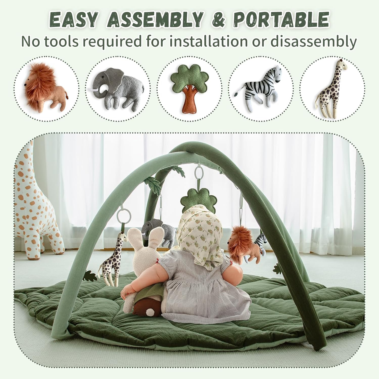 Baby Play Gym with Mat Leaf Shaped, Baby Play Mat with 6 Hanging Toys Tummy Time Mat, Baby Gym