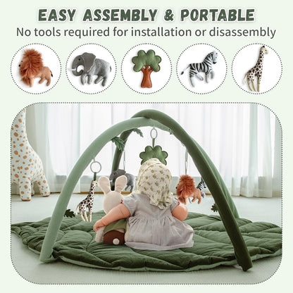 Baby Play Gym with Mat Leaf Shaped, Baby Play Mat with 6 Hanging Toys Tummy Time Mat, Baby Gym