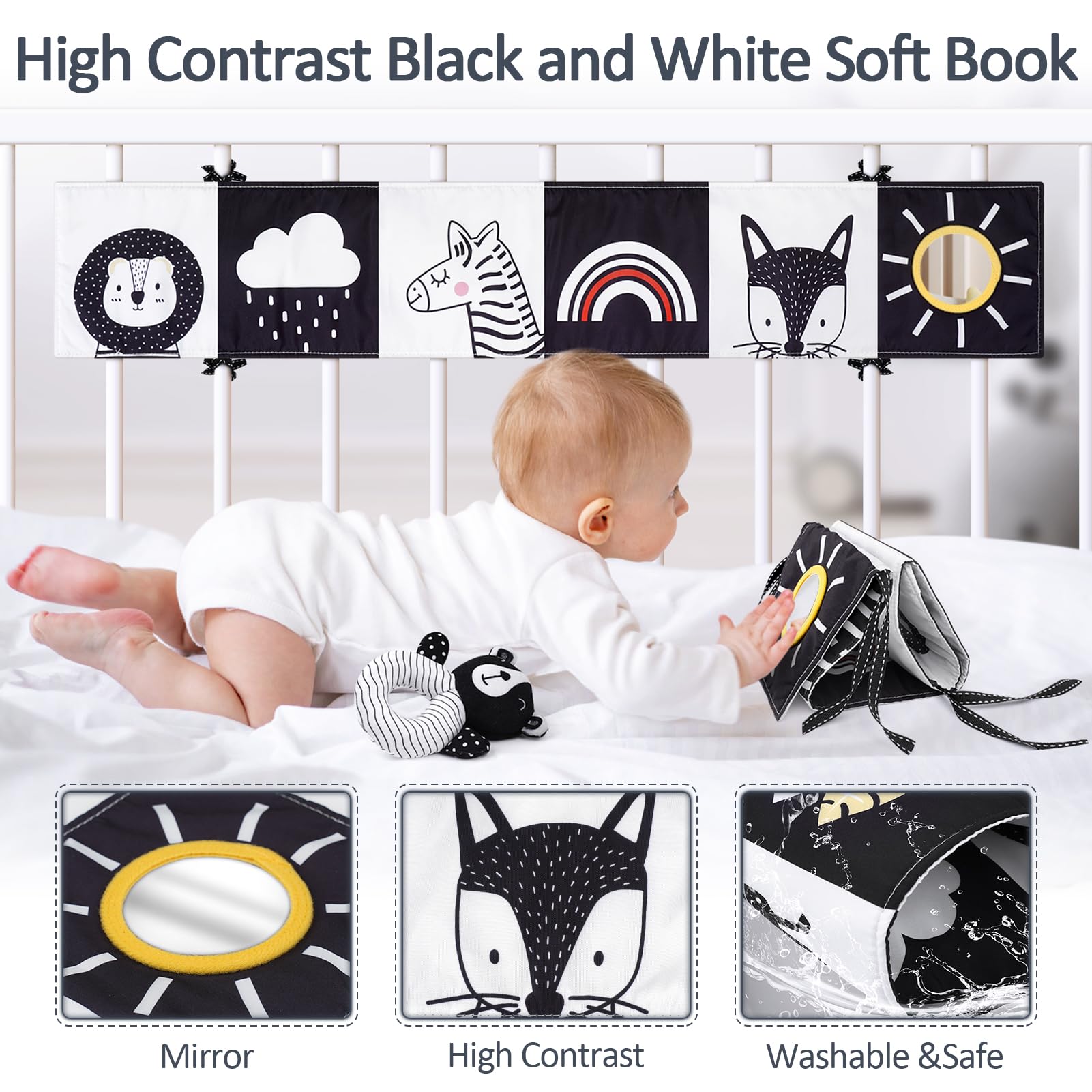 Joyreal High Contrast Baby Toys for Newborn, Black and White Baby Sensory Toys with Car Seat