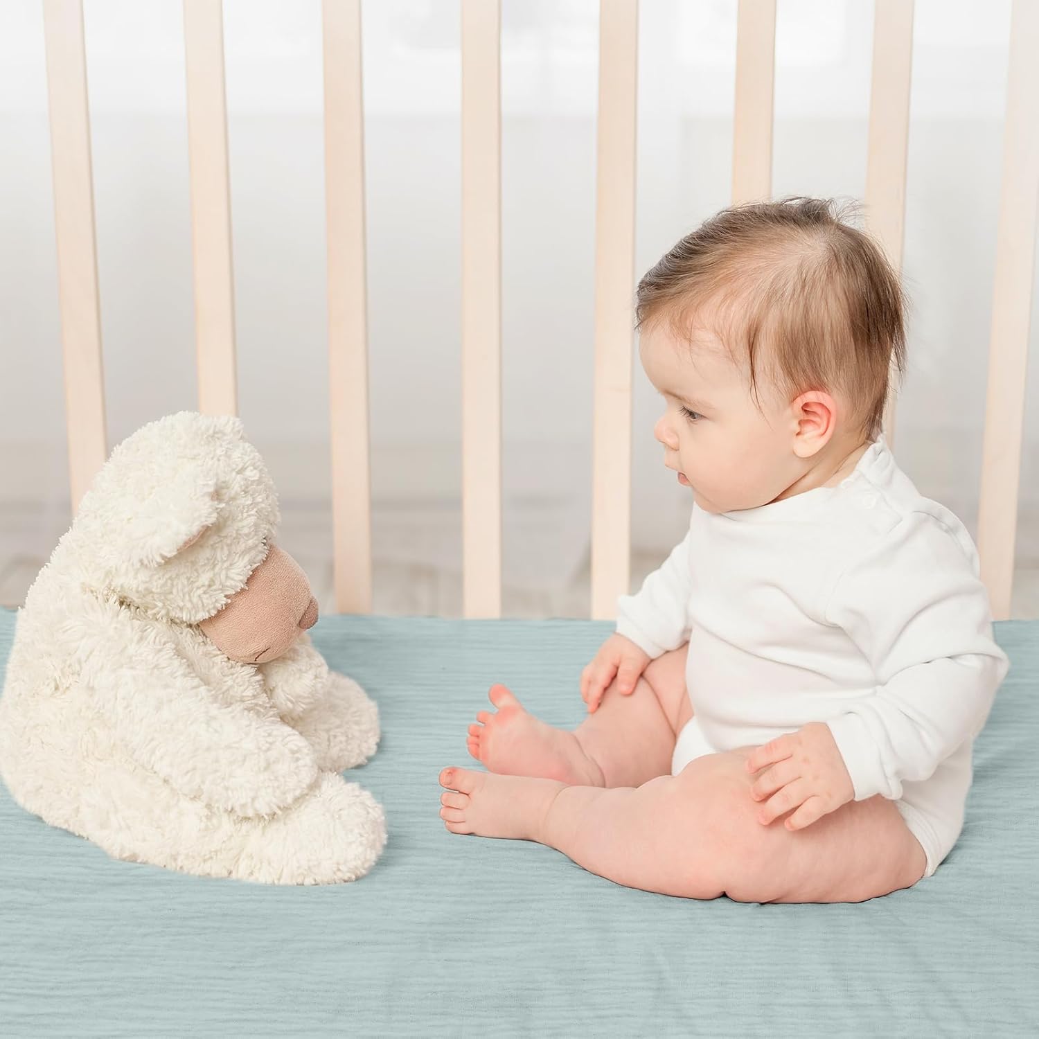 Gllquen Baby Muslin Mini Crib Sheets 3 Pack, Breathable Pack and Play Sheets Fitted Soft Cozy