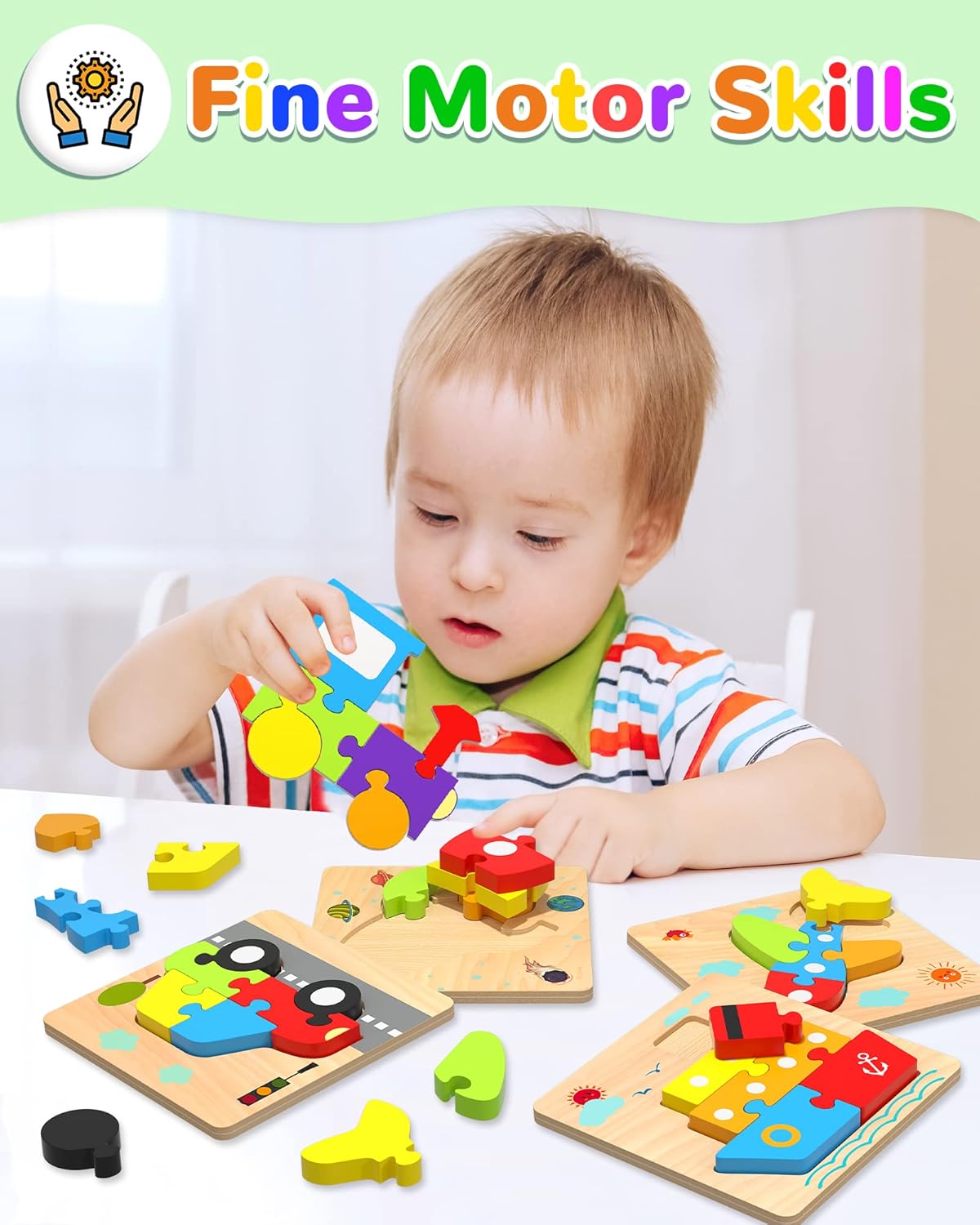 Yetonamr Wooden Toddler Puzzles Gifts Toys for 1 2 3 Years Old Boys Girls, 6 Vehicle Shape