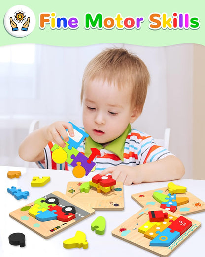 Yetonamr Wooden Toddler Puzzles Gifts Toys for 1 2 3 Years Old Boys Girls, 6 Vehicle Shape