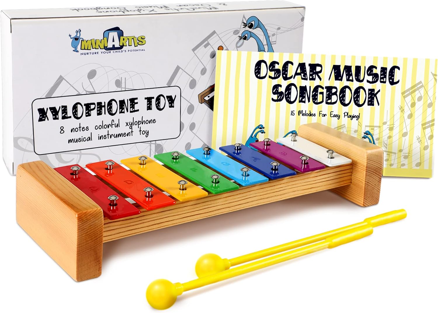MINIARTIS Xylophone for Kids and Toddlers | 8 Notes Colorful Wooden Xylophone with Mallets and 15