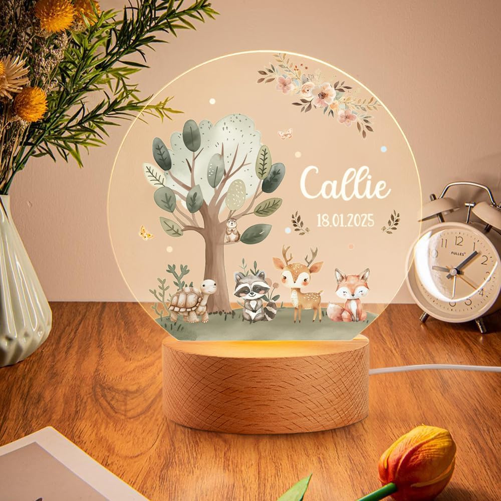 callie Acrylic Night Light Name Plate Personalized, Custom Cute Fox Deer Turtle Forest Animal with