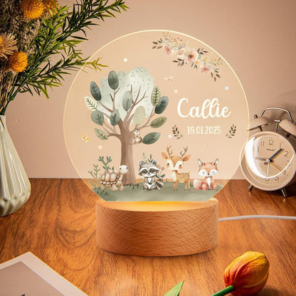 callie Acrylic Night Light Name Plate Personalized, Custom Cute Fox Deer Turtle Forest Animal with