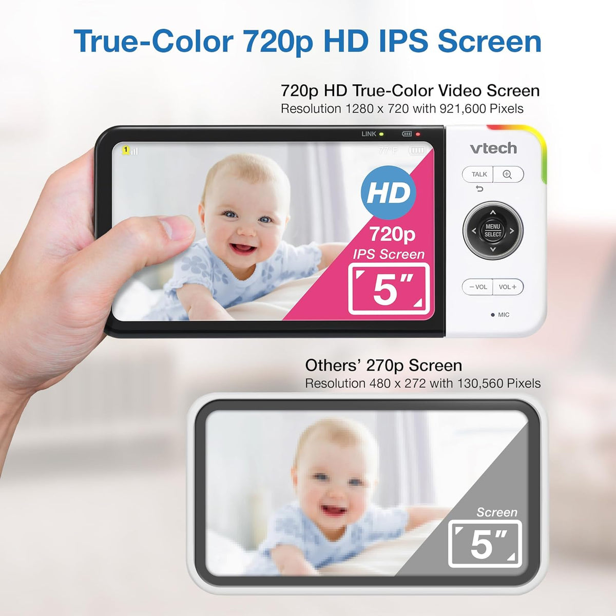 VTech VM928-2HD 5” 720p HD Display 2 Cameras Baby Monitor,110 Wide Angle View,Remote