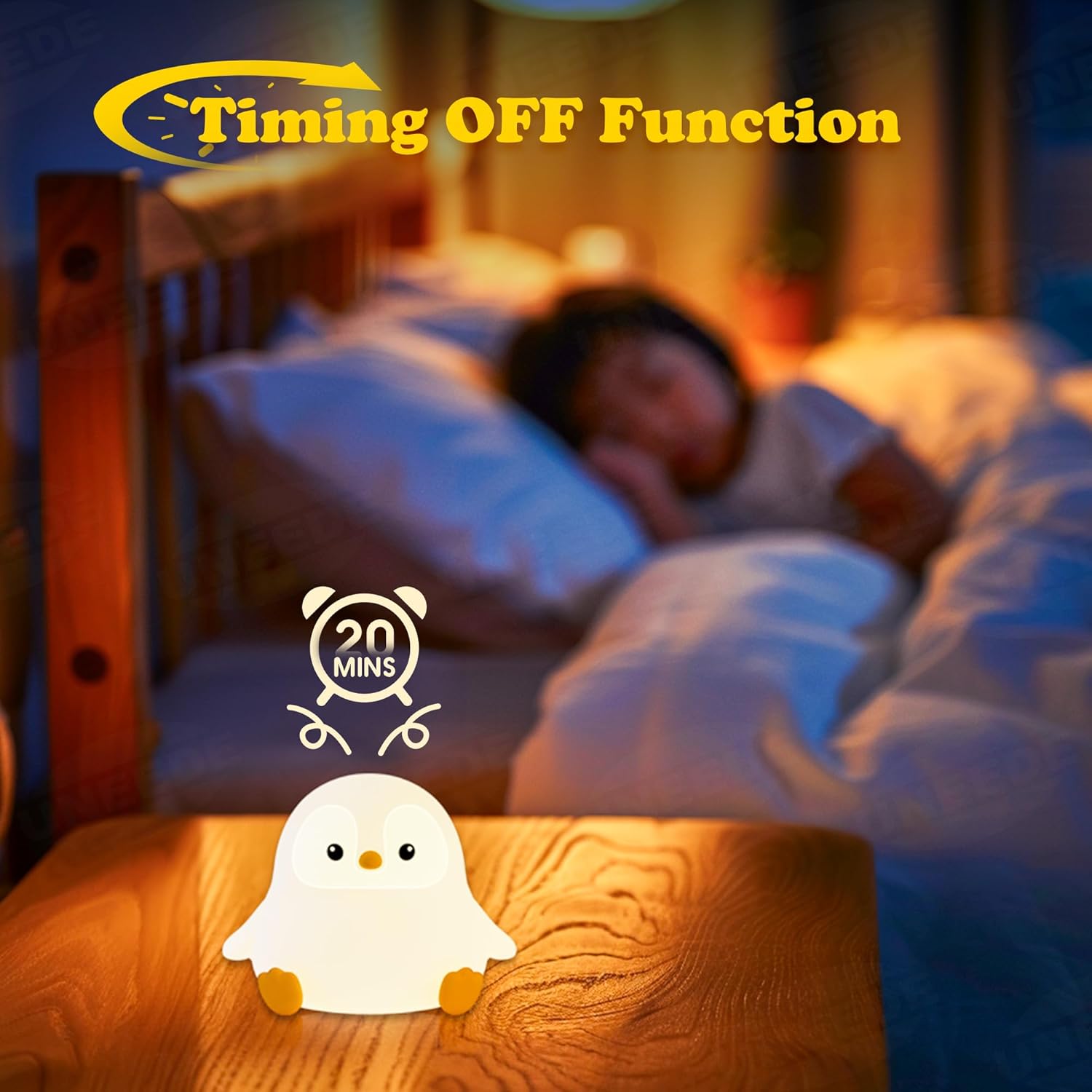 UNEEDE Sitting Penguin Night Light with Removable Floppy Bunny Ears - Silicone Touch Lamp, USB
