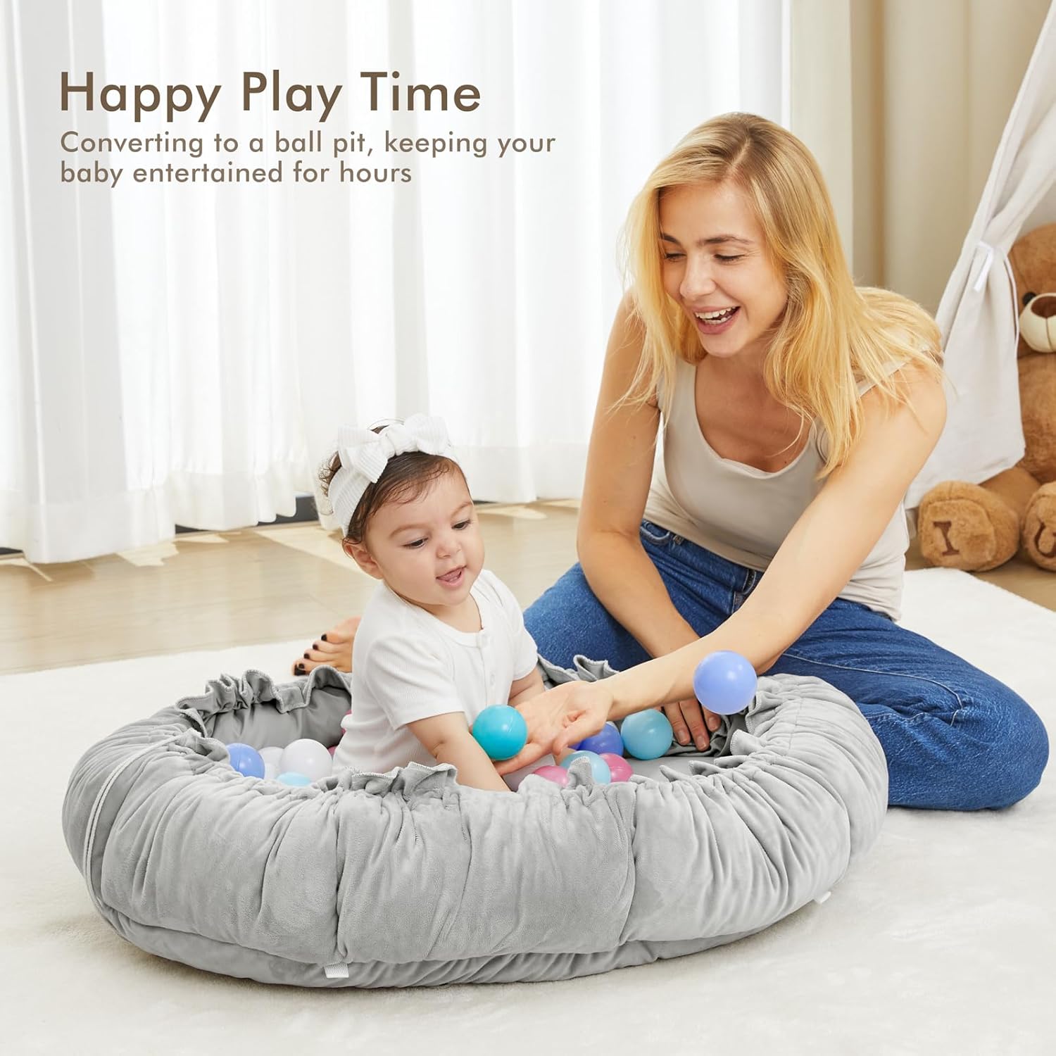 ANGELBLISS 5 in 1 Baby Play Gym Mat, Reversible Tummy Time Mat with 5 Sensory Toys for Stage-Based