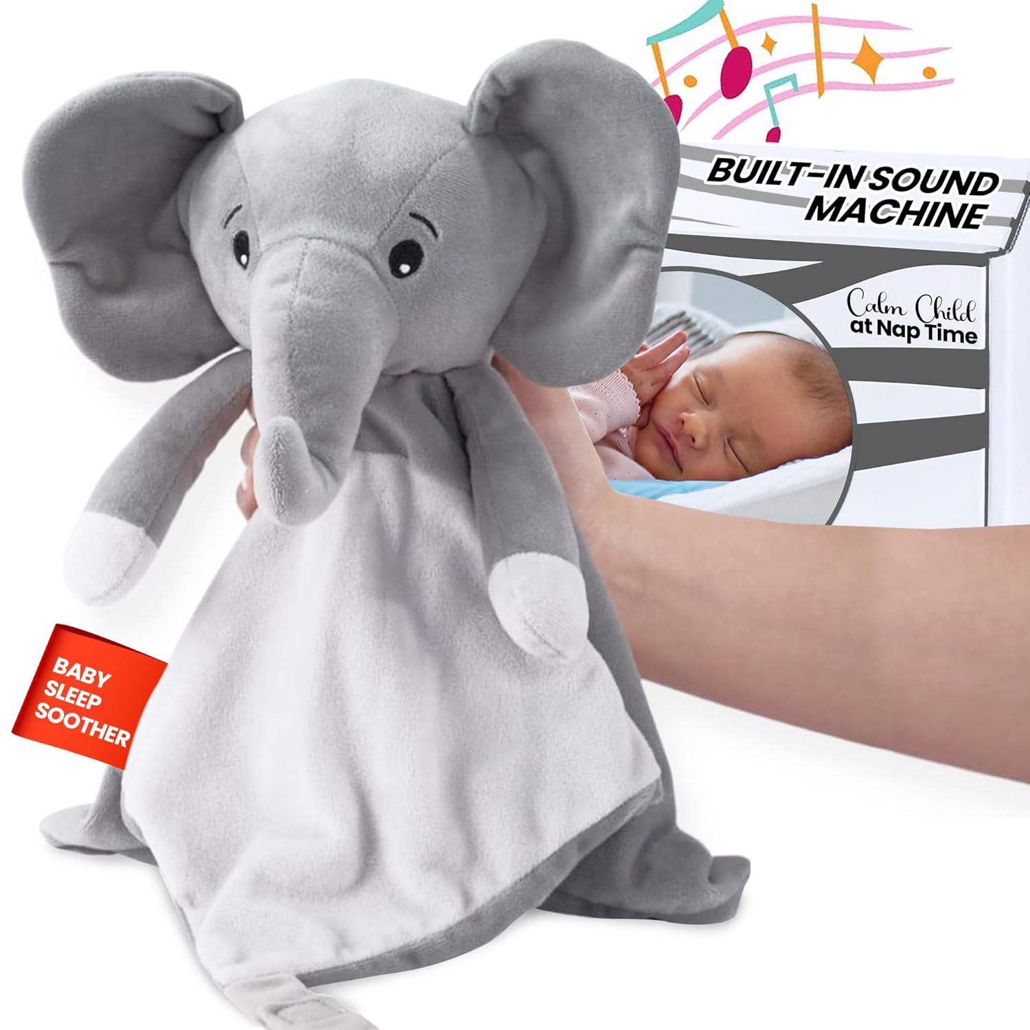 4-in-1 Sound Machine, Baby Lovey, Blanket - White Noise & Lullaby Plush Elephant Calms & Reduces