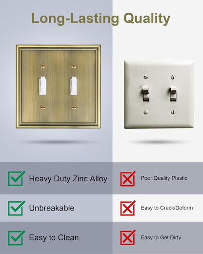 2-Pack Double Toggle Light Switch Cover Plate, Durable Solid Zinc Alloy Decorative Dual Switch