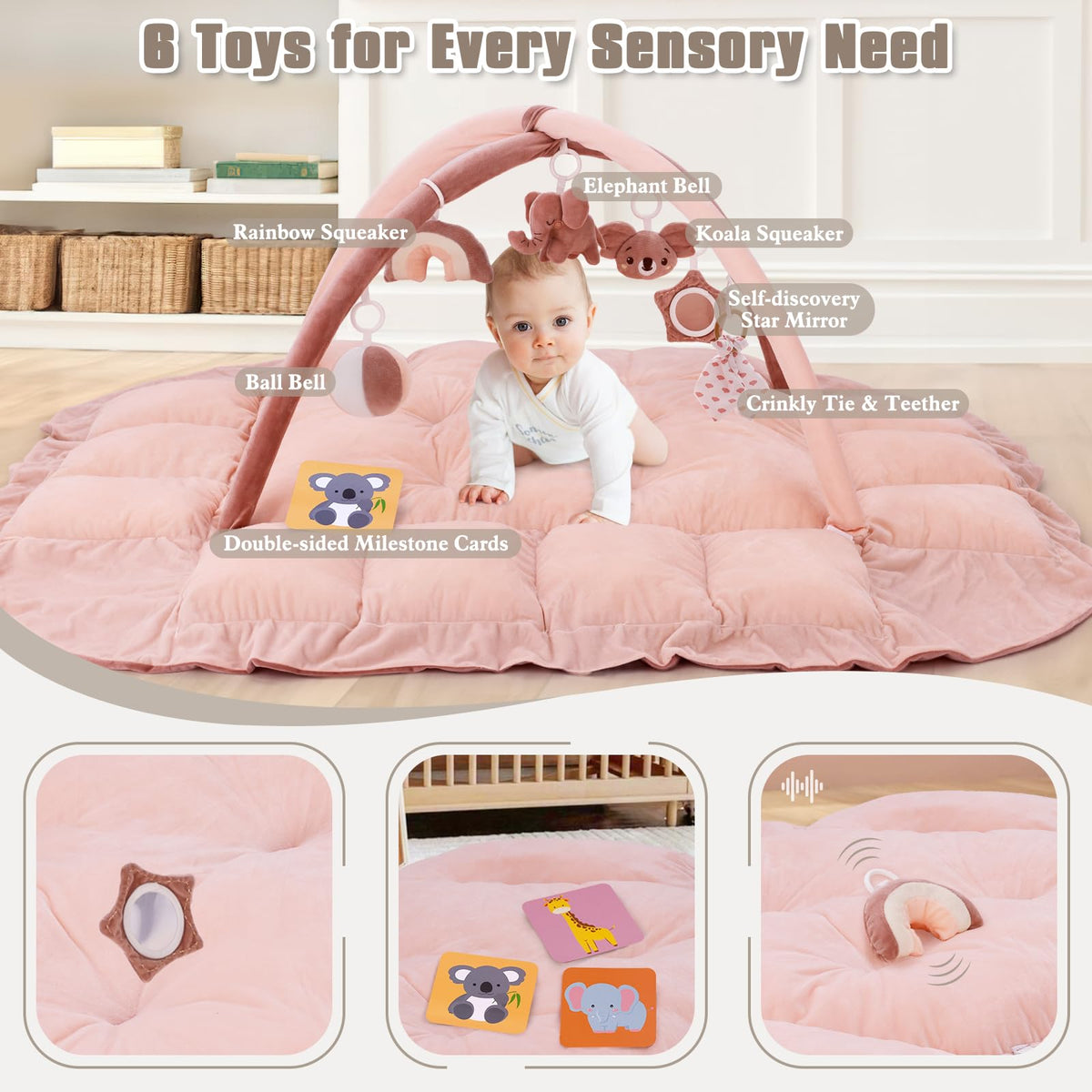 5-in-1 Plush Baby Play Gym, Baby Play Mats, Convertible Baby Gym, Tummy time mat, 6 Sensory Toys