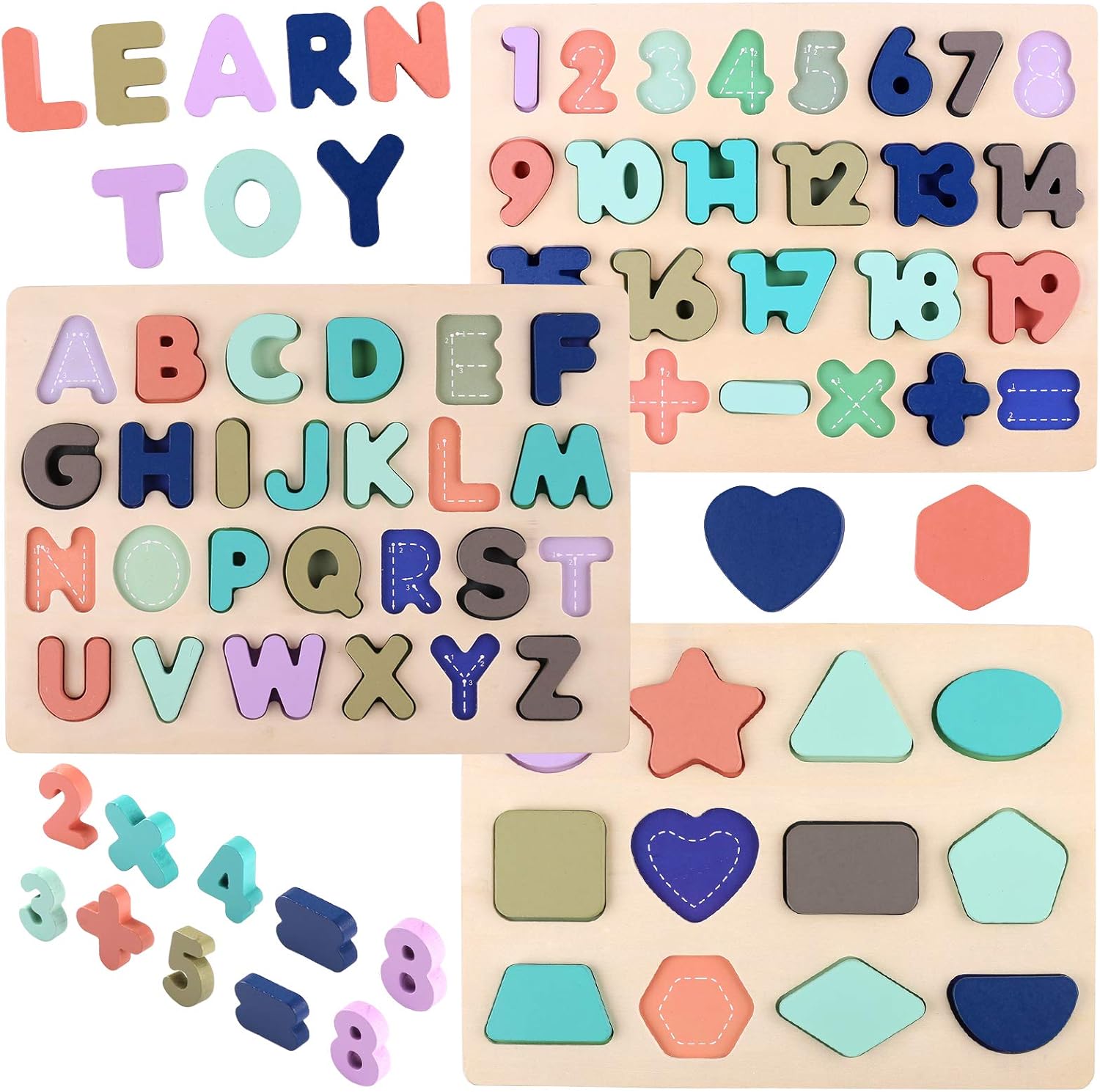 Wooden Puzzles for Toddlers, Voamuw Wooden Alphabet Number Shape Puzzle Toddler Education Learning