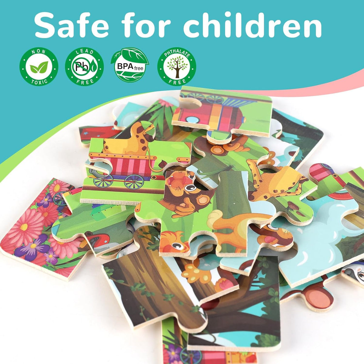 Wooden Educational Jigsaw Puzzles for Preschool Kids Ages 3-5, 4-Pack with 20 Pieces Dinosaur