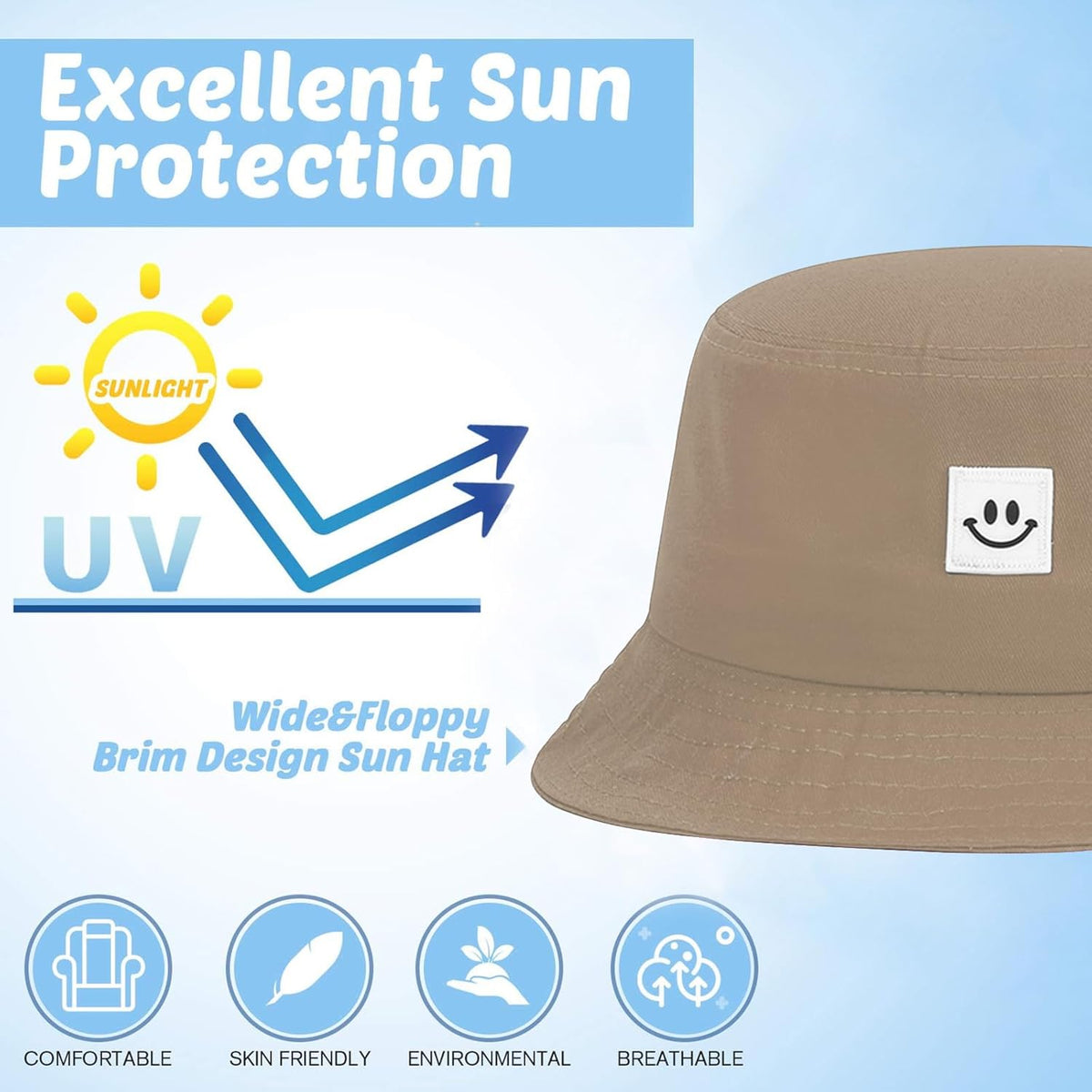 Kids Sun Hat Smile Face Bucket Hat for Girls Boys Summer Sun Protection Cotton Unisex Beach Cap