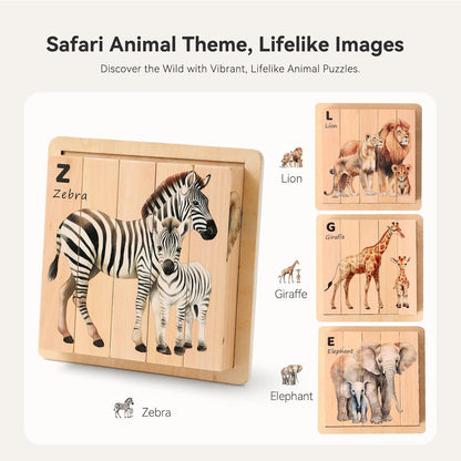 IEATFO 4 in 1 Wooden Animal Chunky Puzzle, 5 Solid Wood Puzzle Blocks with 4 Sides Realistic Safari