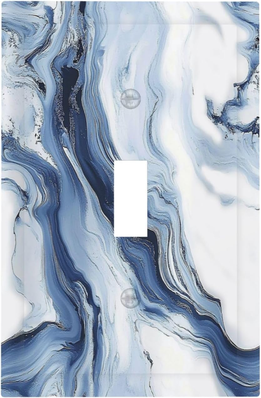 Decorative Light Switch Cover White Marble Navy Blue Line Fluid 1 Gang Single Toggle Device