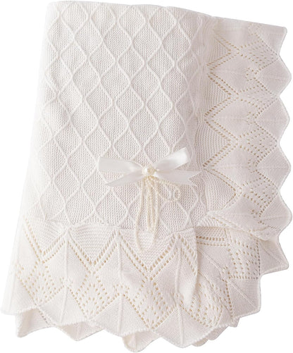 Booulfi Knit White Baby Blankets Neutral,Crib Stroller Newborn Blankets for Boys Girls,Cotton Lace