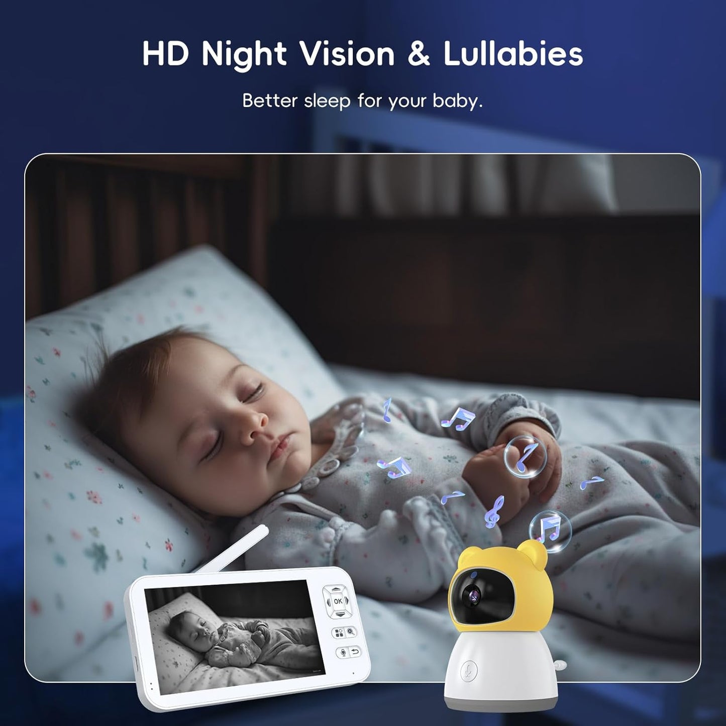Baby Monitor with Camera and Audio, 2K HD Smart Video Baby Camera WiFi 5" Screen, Night Vision