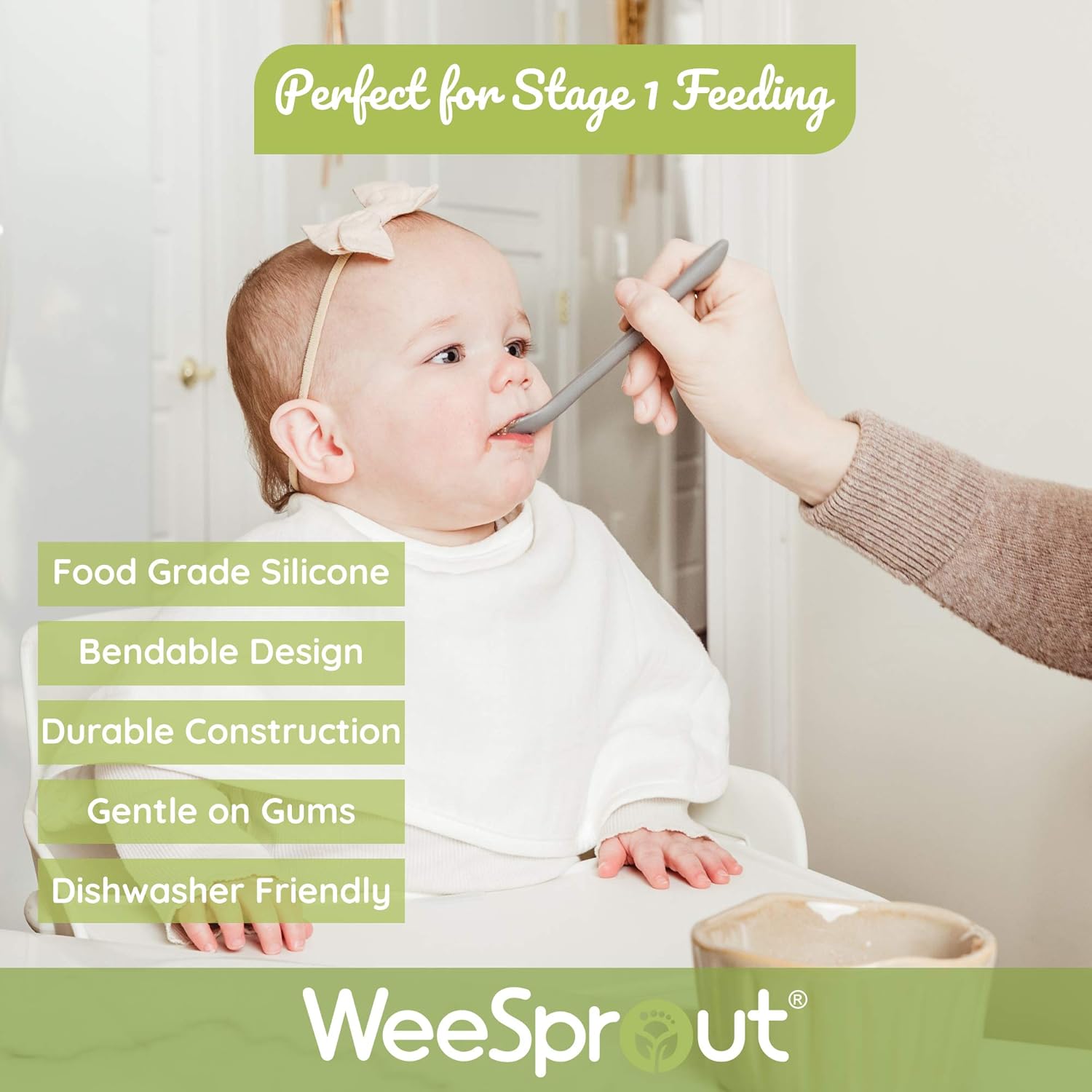WeeSprout Silicone Baby Spoons - First Stage Infant Feeding Utensils With Soft-Tip, Bendable