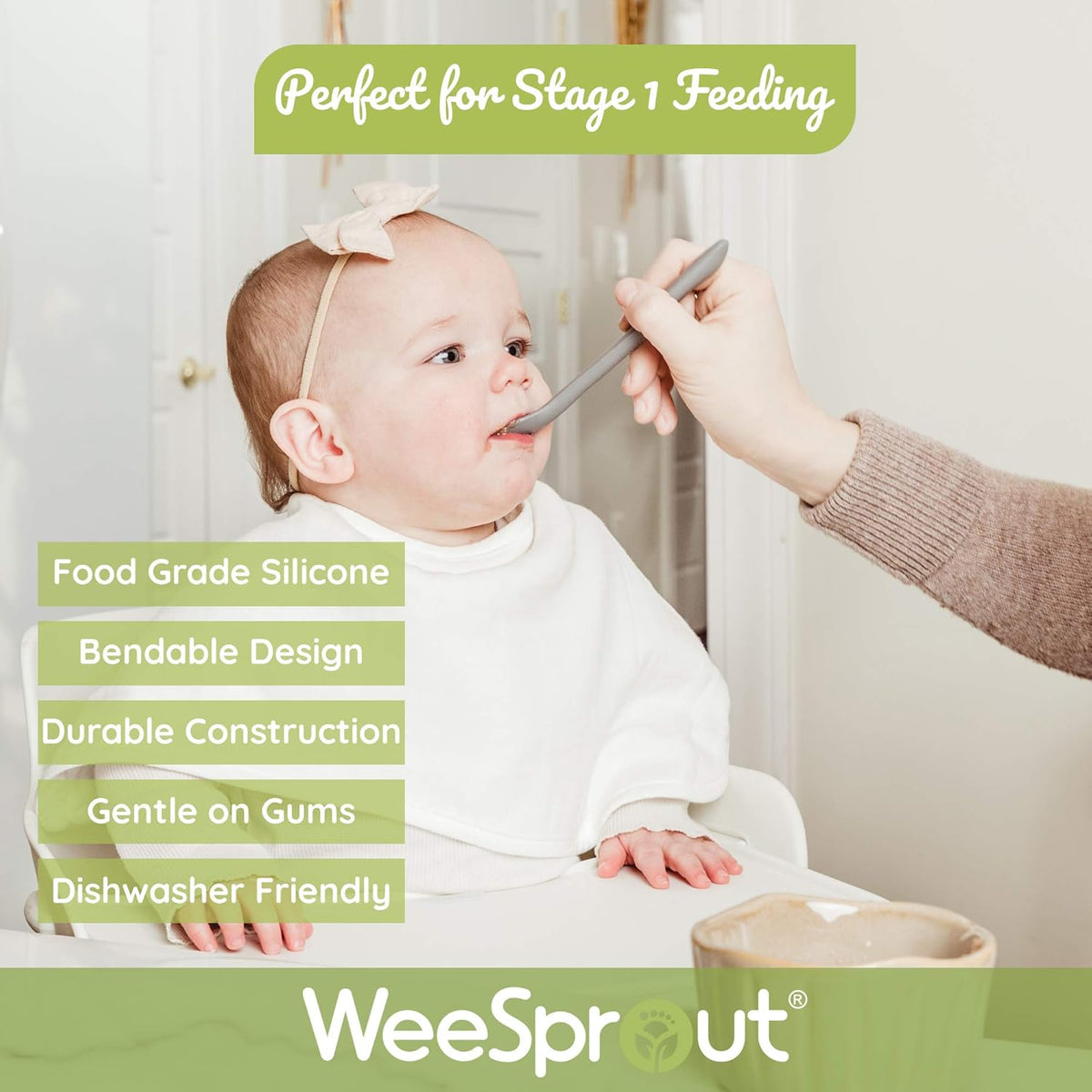 WeeSprout Silicone Baby Spoons - First Stage Infant Feeding Utensils With Soft-Tip, Bendable