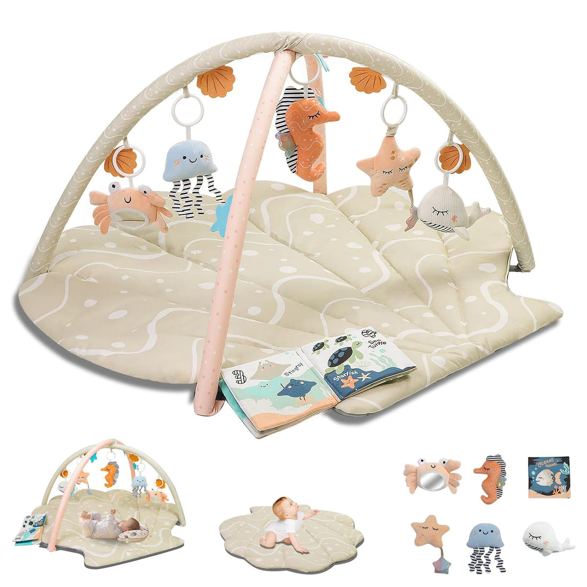 Baby Play Mat, Oversize Shell Tummy Time Mat with 6 Detachable Baby Activity Toys, Baby Gyms &