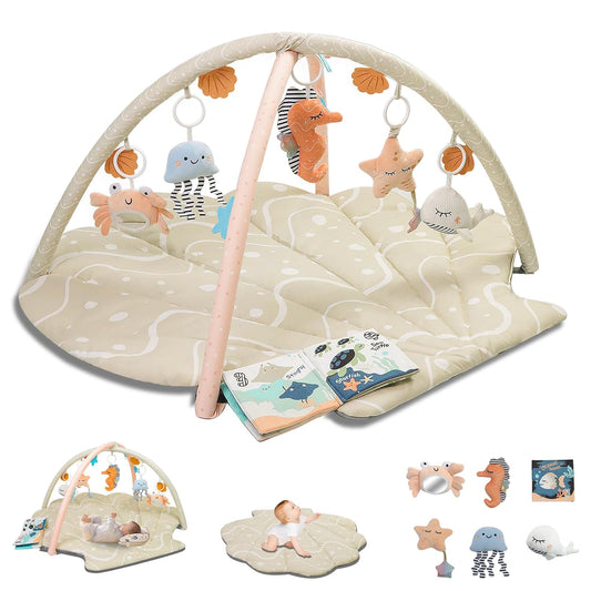 Baby Play Mat, Oversize Shell Tummy Time Mat with 6 Detachable Baby Activity Toys, Baby Gyms &