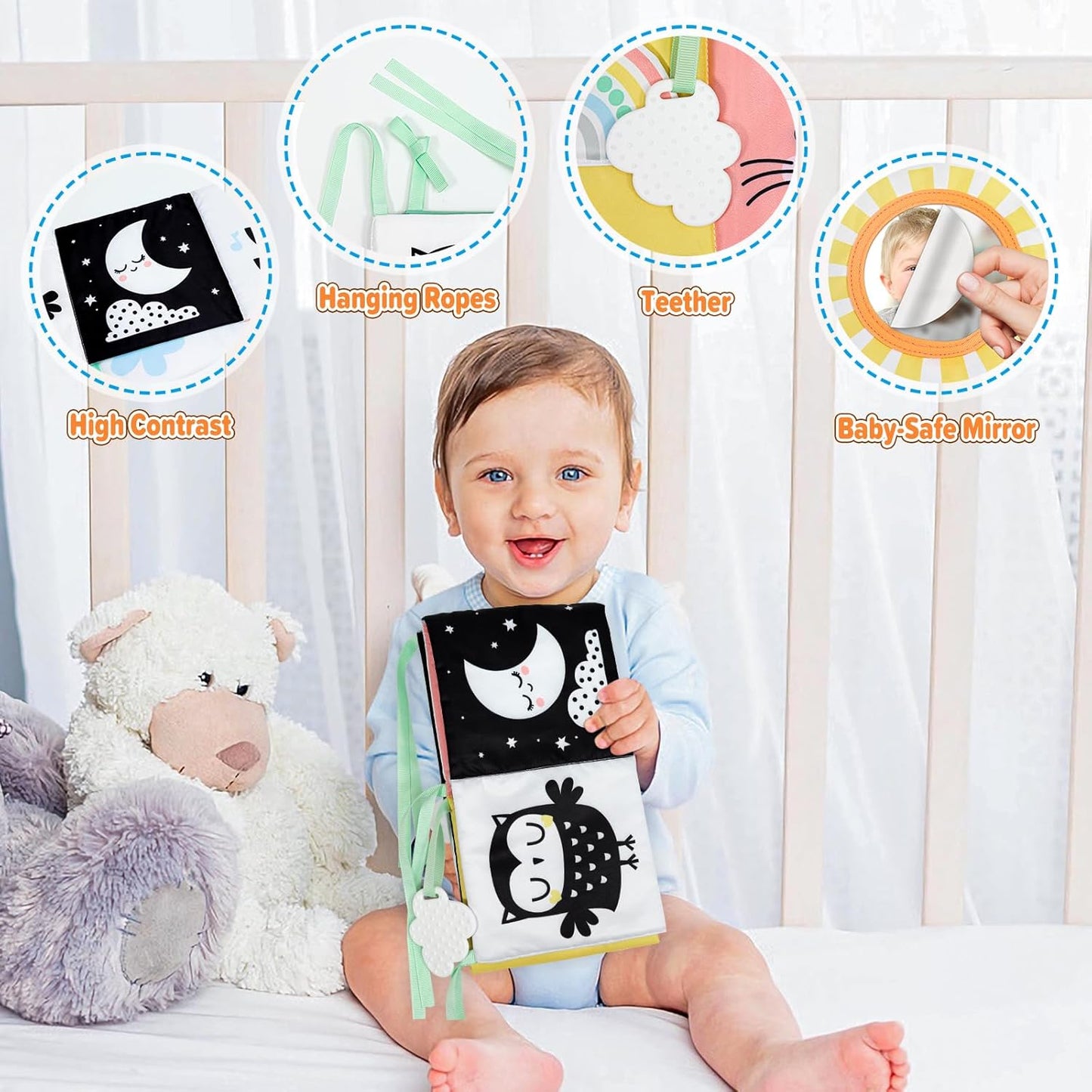 OKOOKO Black and White Baby Book, High Contrast Toy, 0-6 Months Baby Soft Book Tummy Time